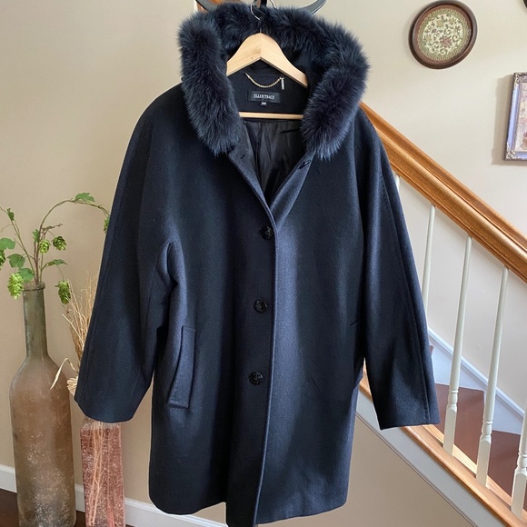 Ellen Tracy Wool Fox Fur Hooded Button Coat Jacket in Charcoal Size 24 - Picture 1 of 13